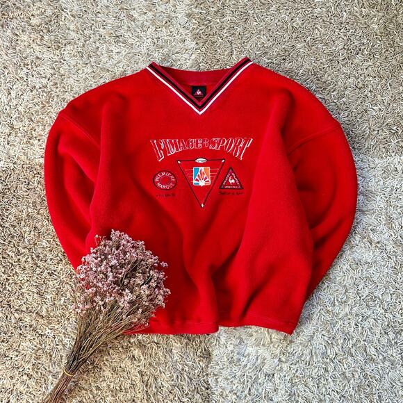 Vintage 90s Le Coq Sportif Oversized Red Fleece Made in USA Men’s Size L - Picture 1 of 8